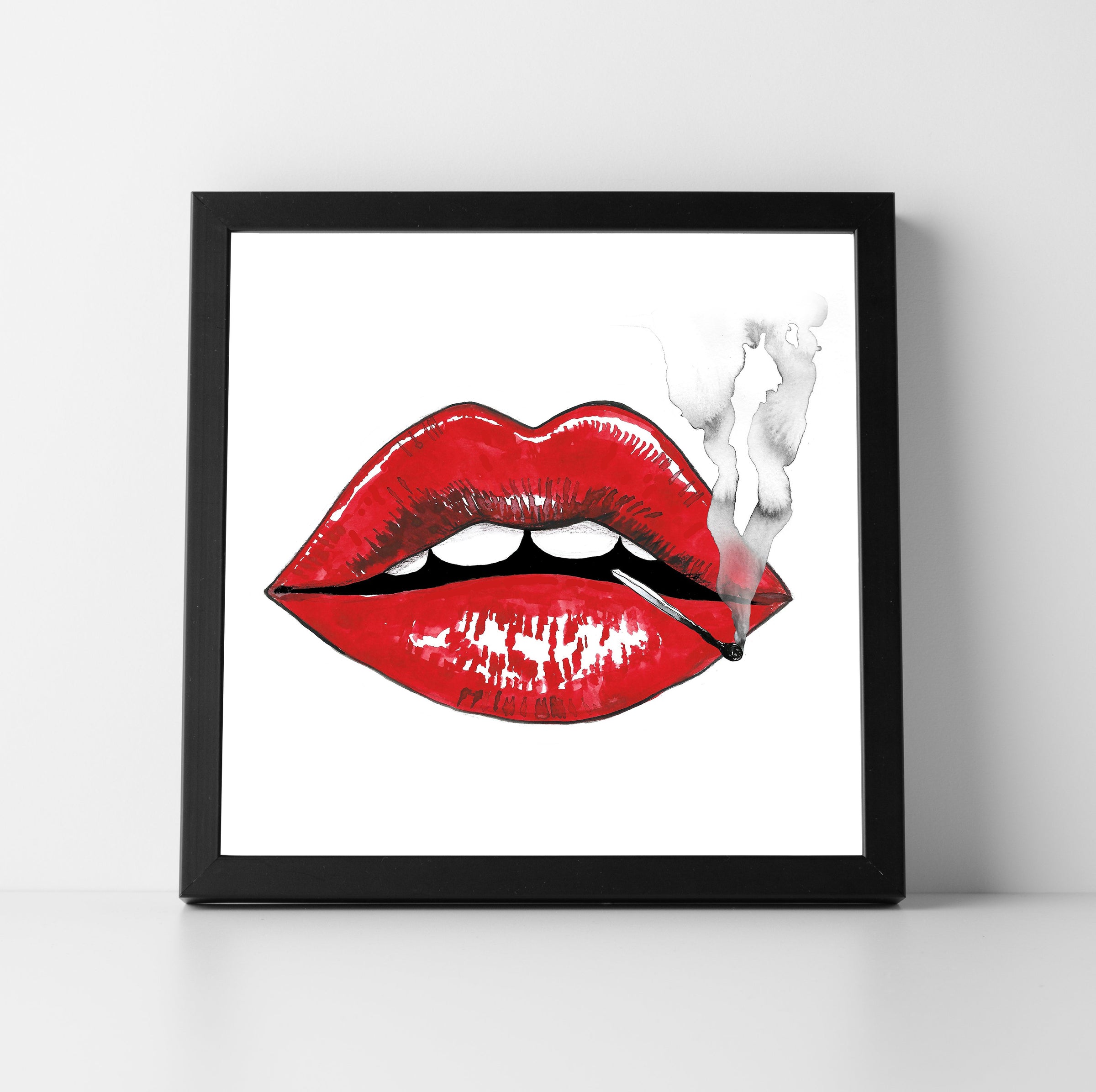 Art print with red lips and matchstick